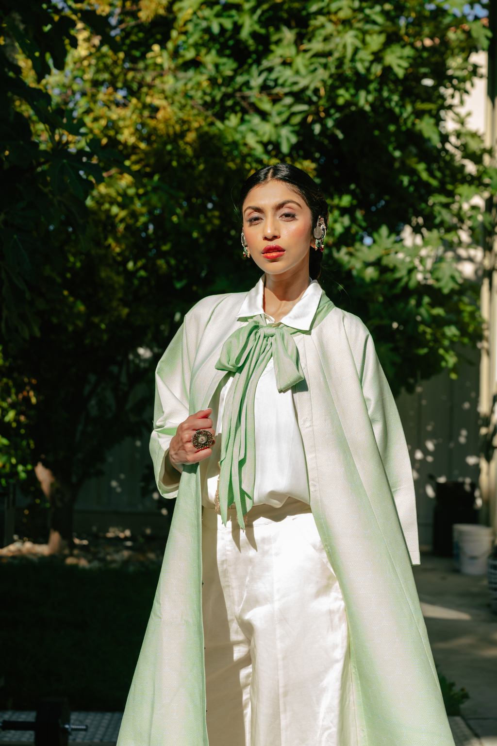 Front Open Long jacket With Bow Tie Detail