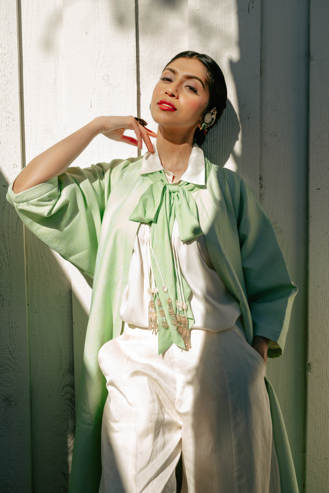 Front Open Long jacket With Bow Tie Detail