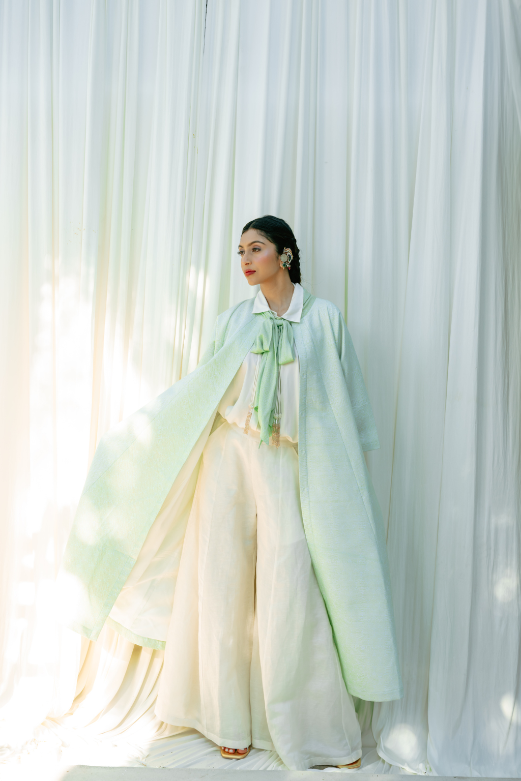 Front Open Long jacket With Bow Tie Detail