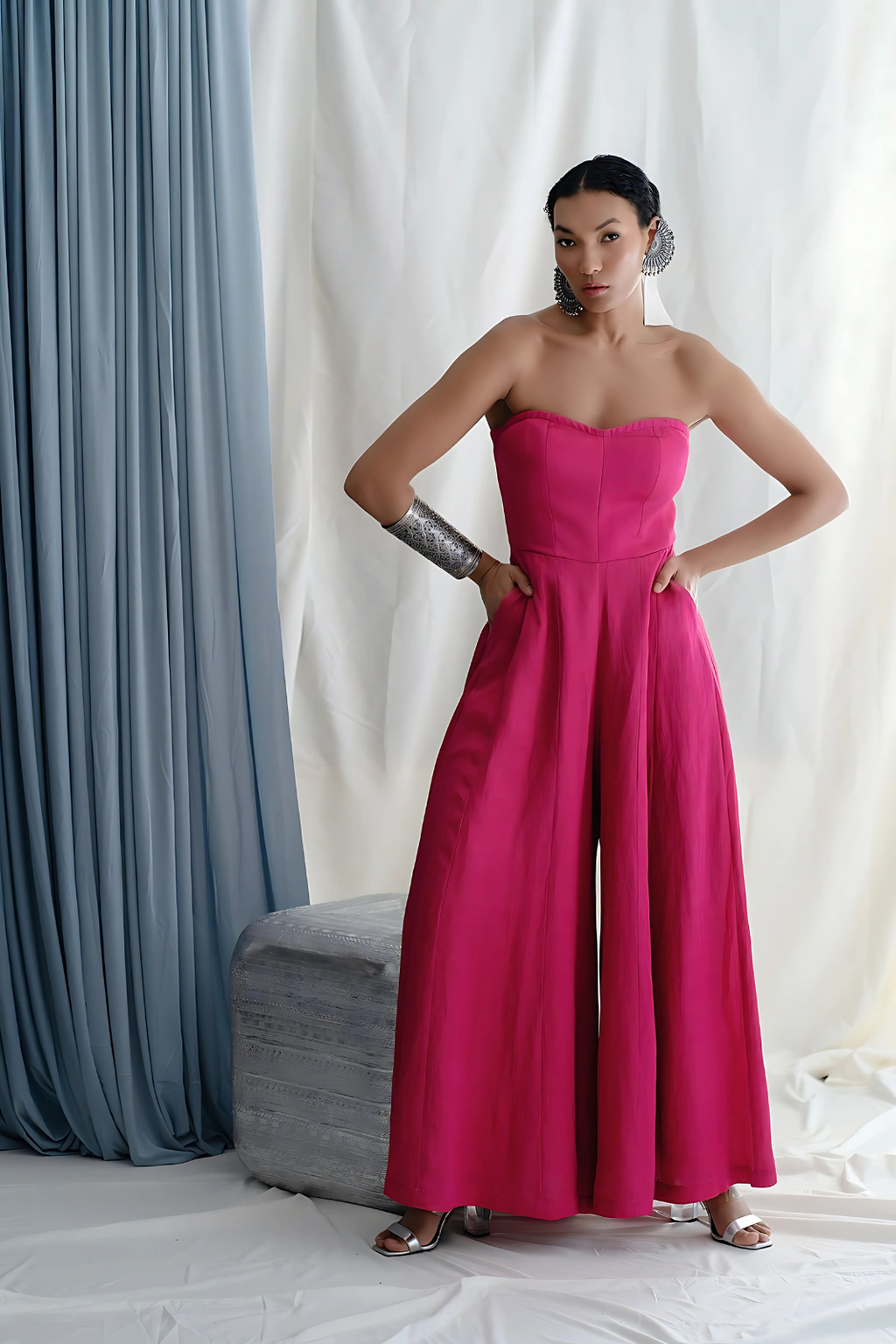 Panelled fit & flare off shoulder jumpsuit