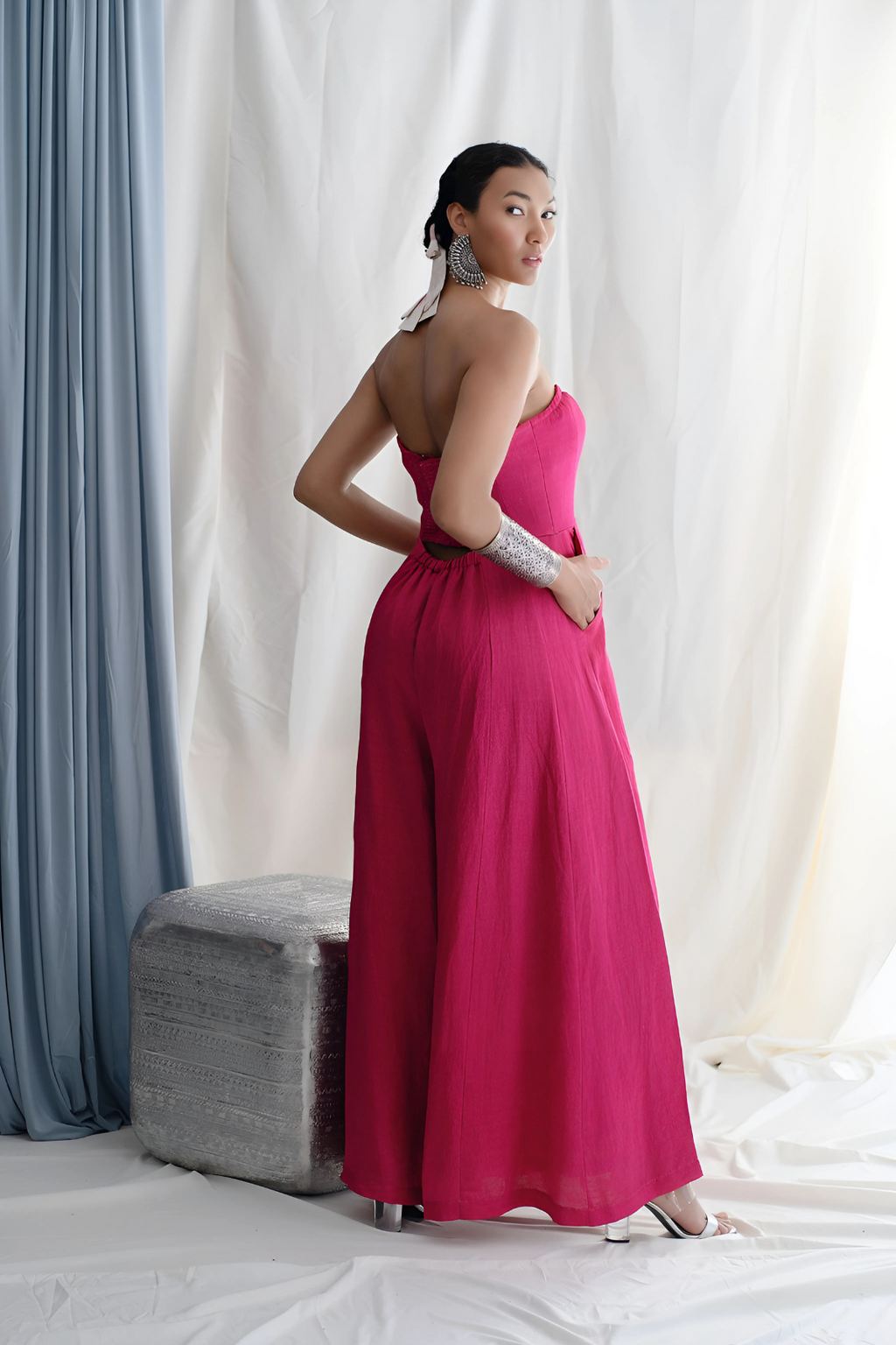 Panelled fit & flare off shoulder jumpsuit