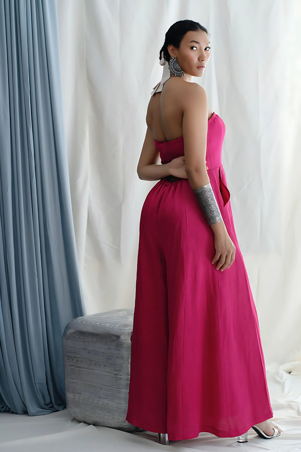 Panelled fit & flare off shoulder jumpsuit