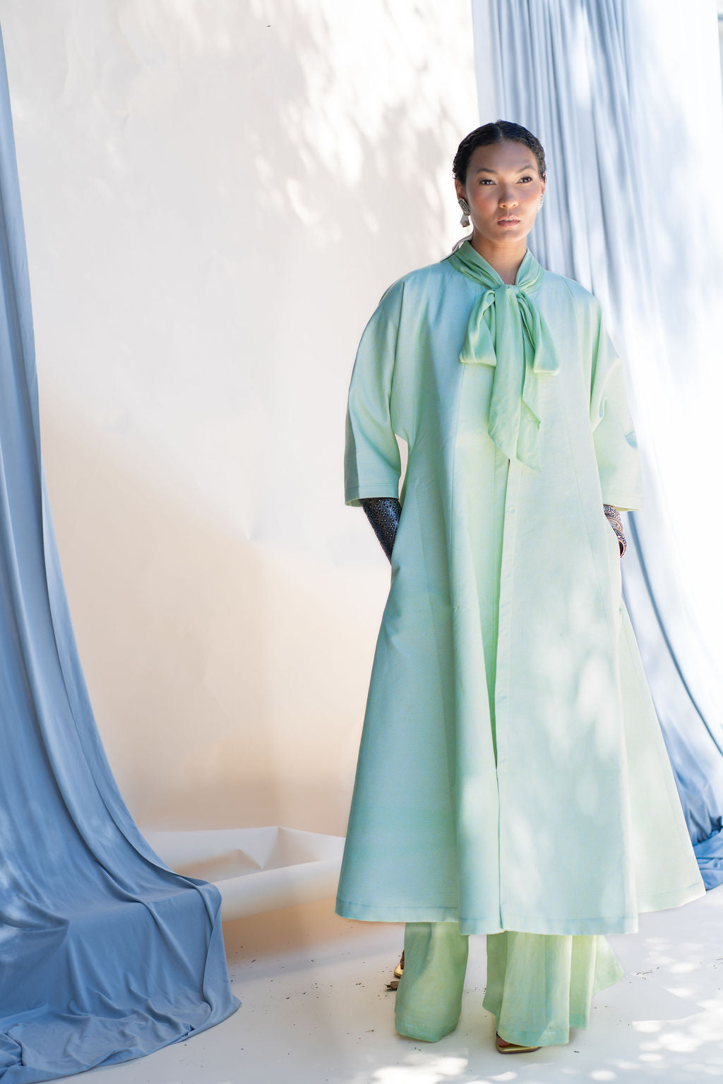 Front Open Long jacket With Bow Tie Detail