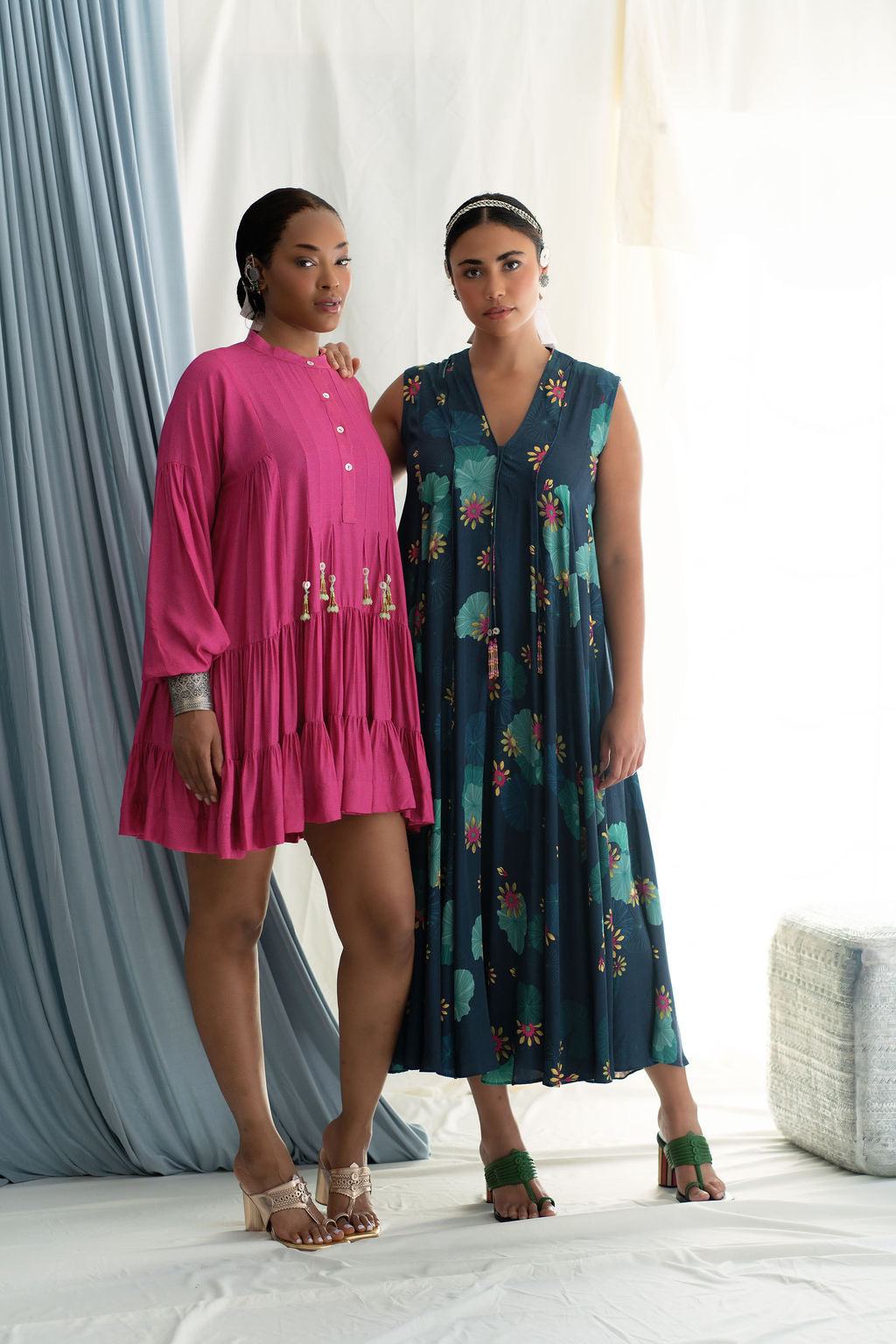 PrintedAngular panelled dress with flare, tassel detail And Pockets