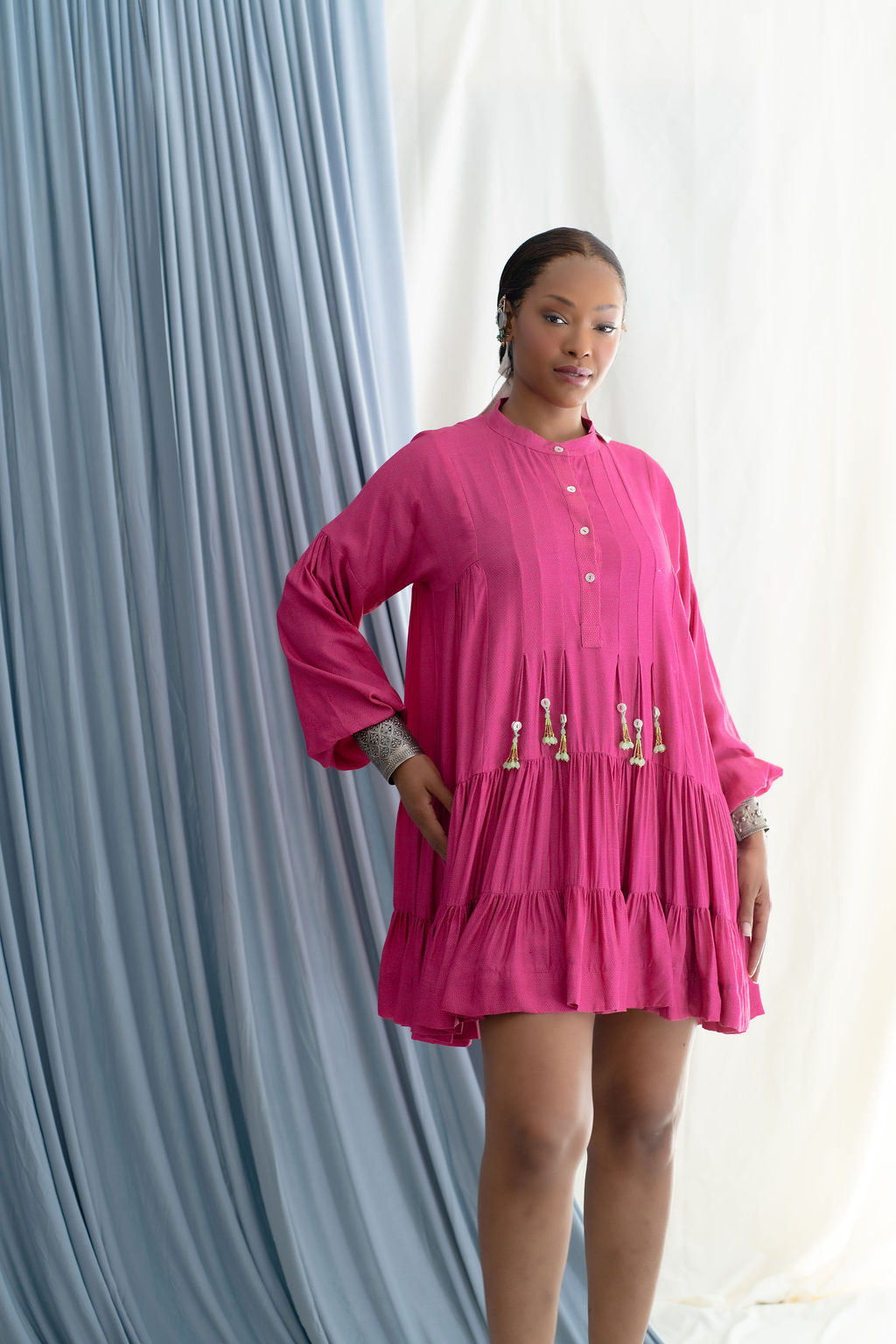 Tiered dress with button down yoke