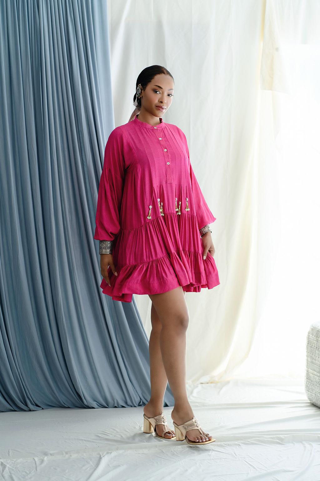 Tiered dress with button down yoke