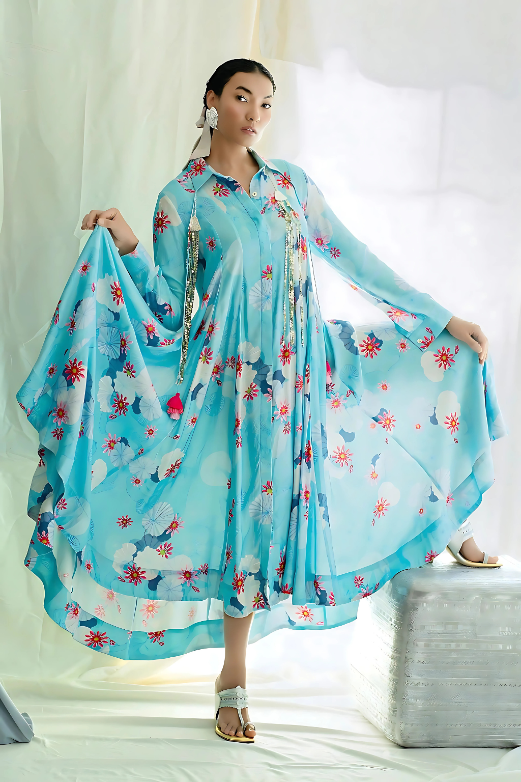 Panelled asymmetric hem dress with godet inserts for added flare