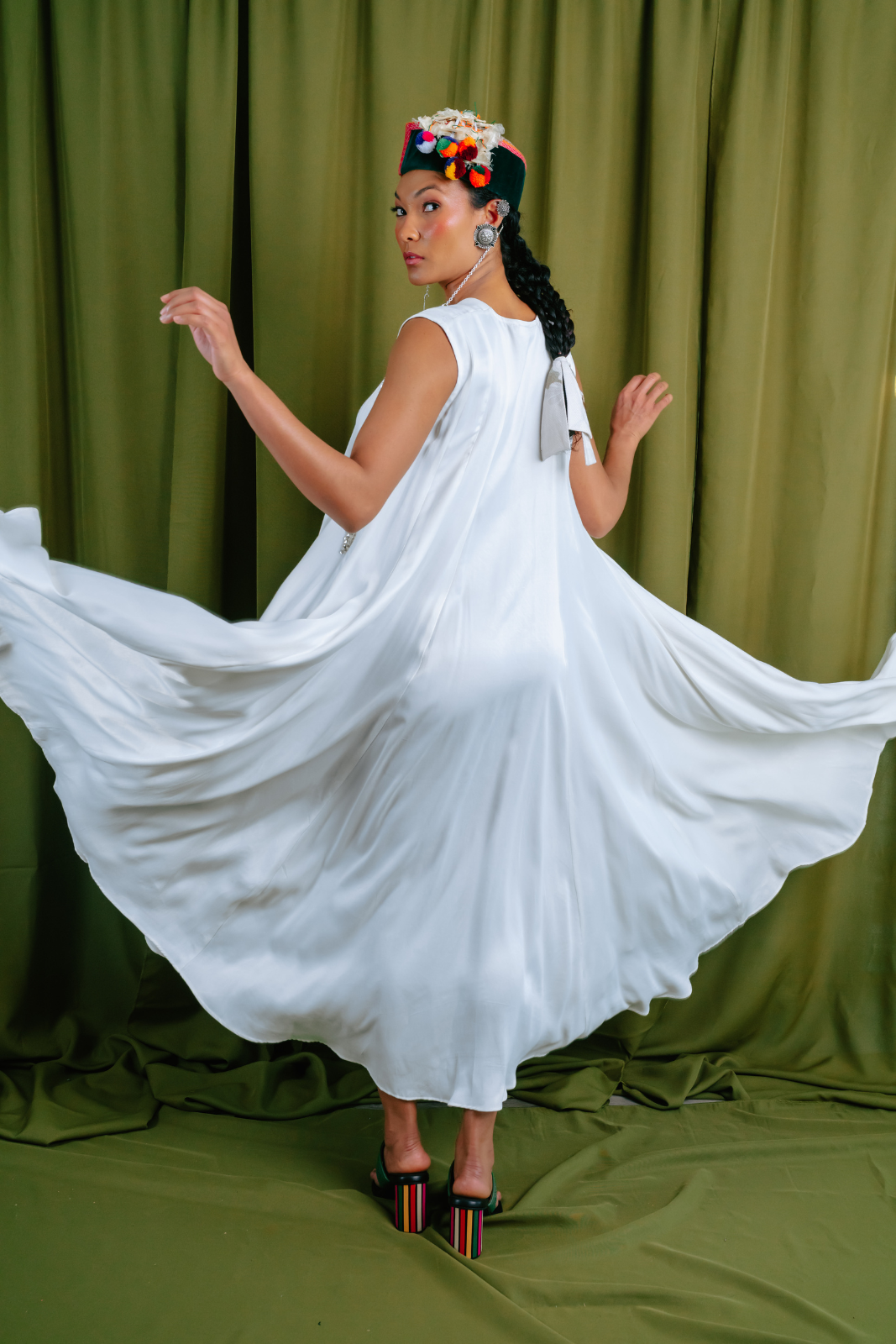 Ivory Angular Panelled Dress With Flare, tassel Detail And Pockets