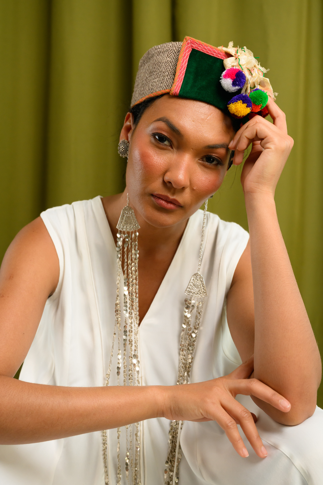 Ivory Angular Panelled Dress With Flare, tassel Detail And Pockets