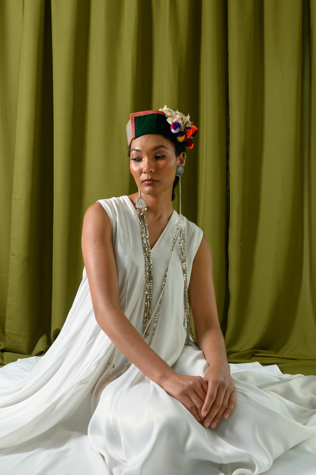 Ivory Angular Panelled Dress With Flare, tassel Detail And Pockets