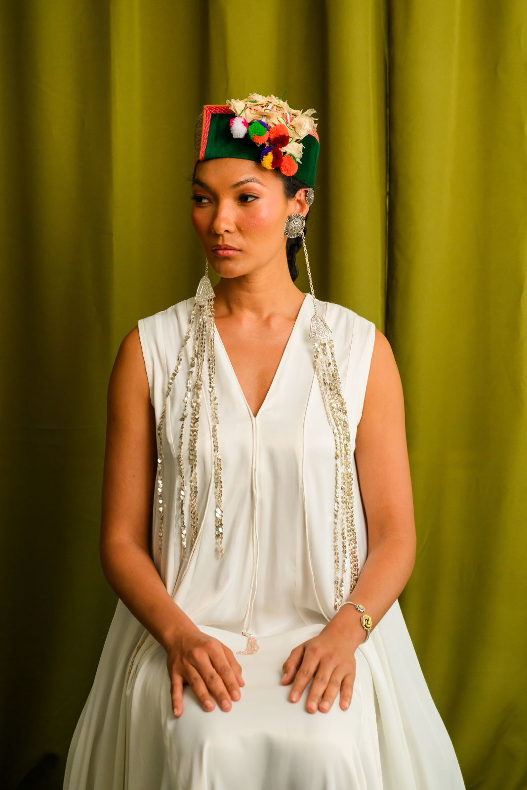 Ivory Angular Panelled Dress With Flare, tassel Detail And Pockets