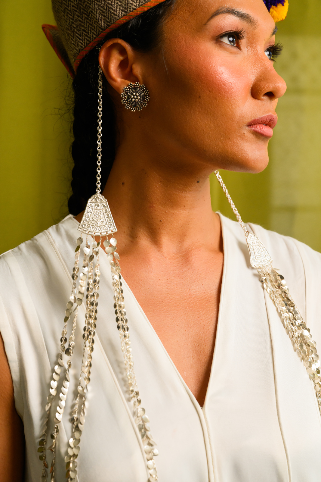 Ivory Angular Panelled Dress With Flare, tassel Detail And Pockets