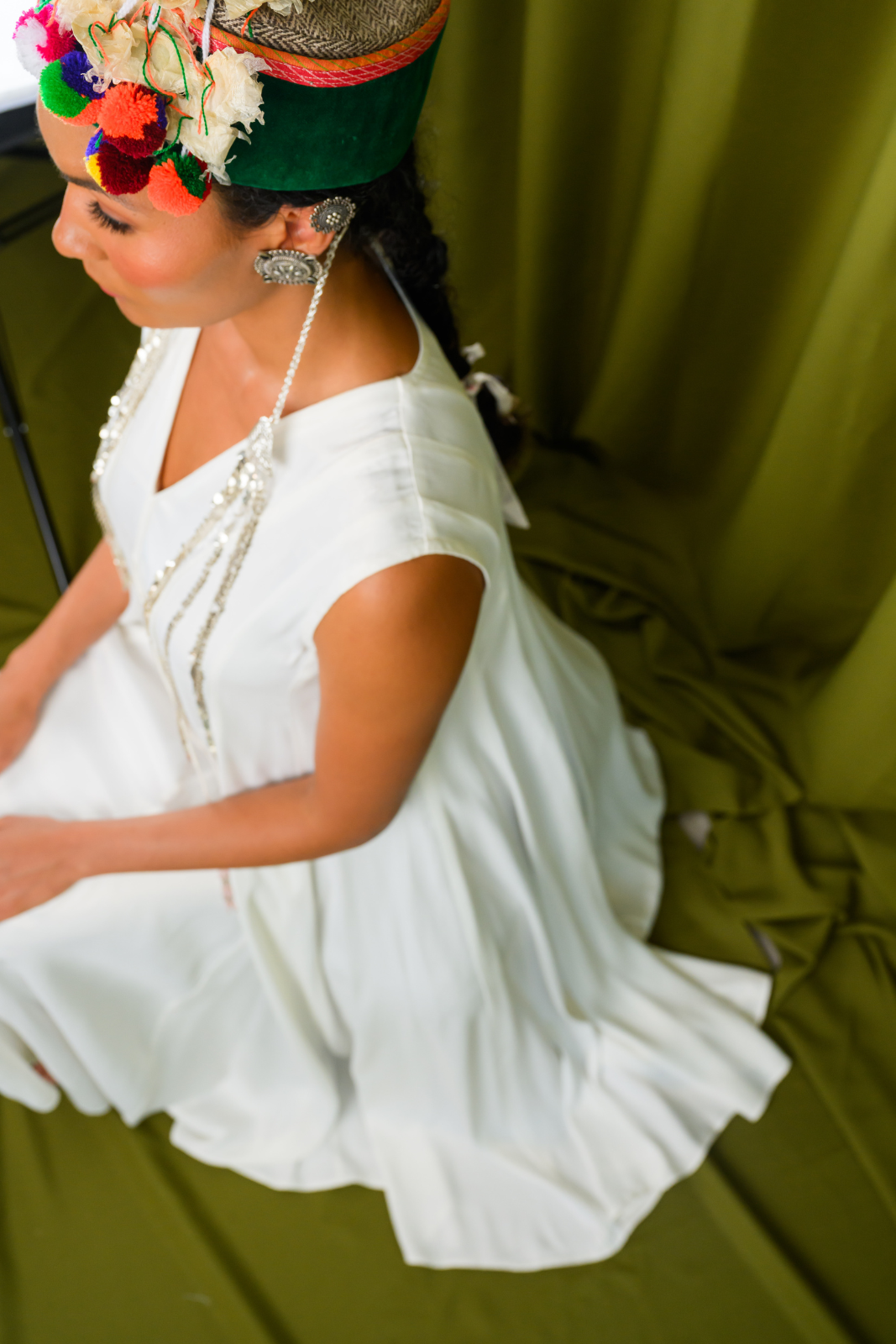 Ivory Angular Panelled Dress With Flare, tassel Detail And Pockets