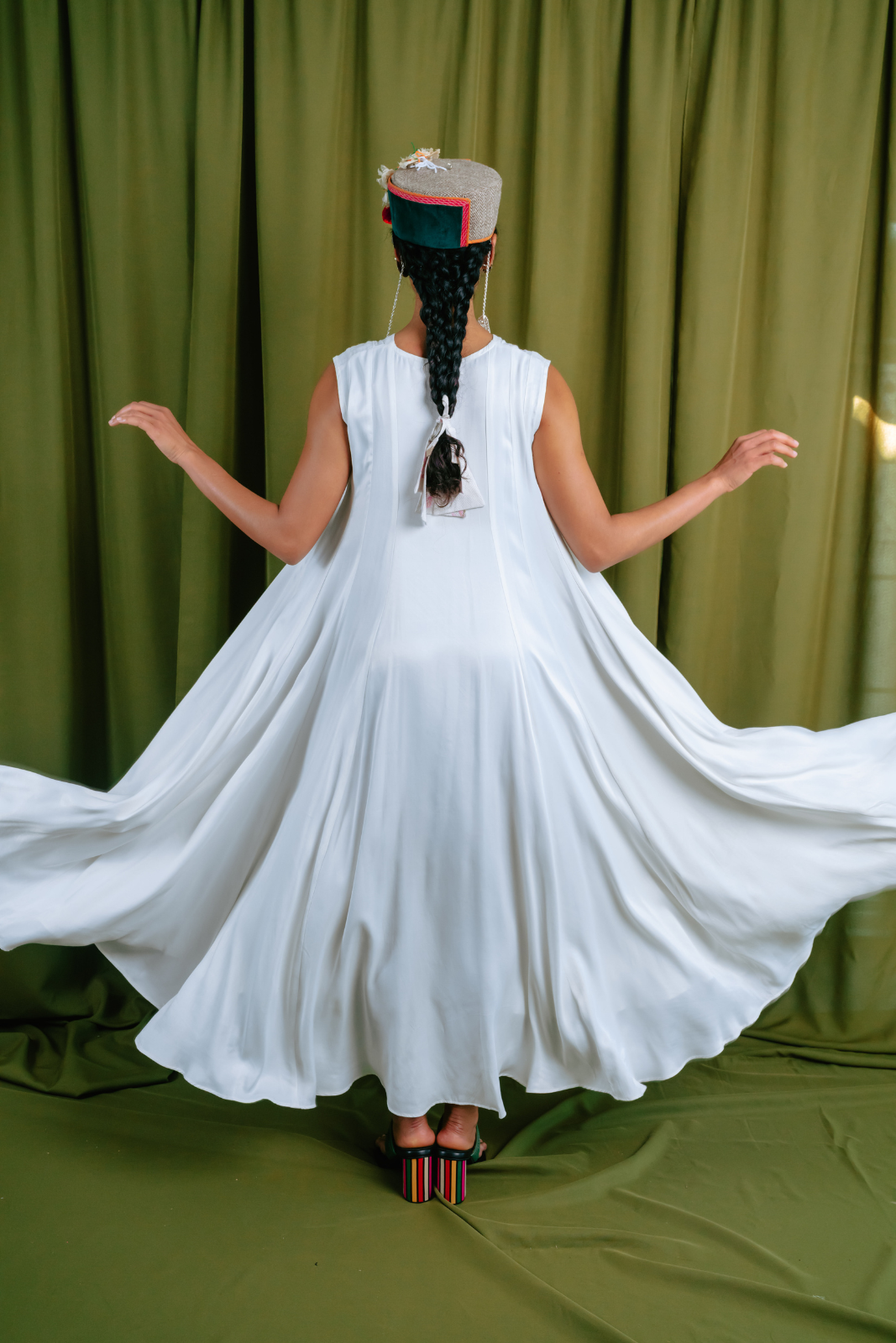 Ivory Angular Panelled Dress With Flare, tassel Detail And Pockets